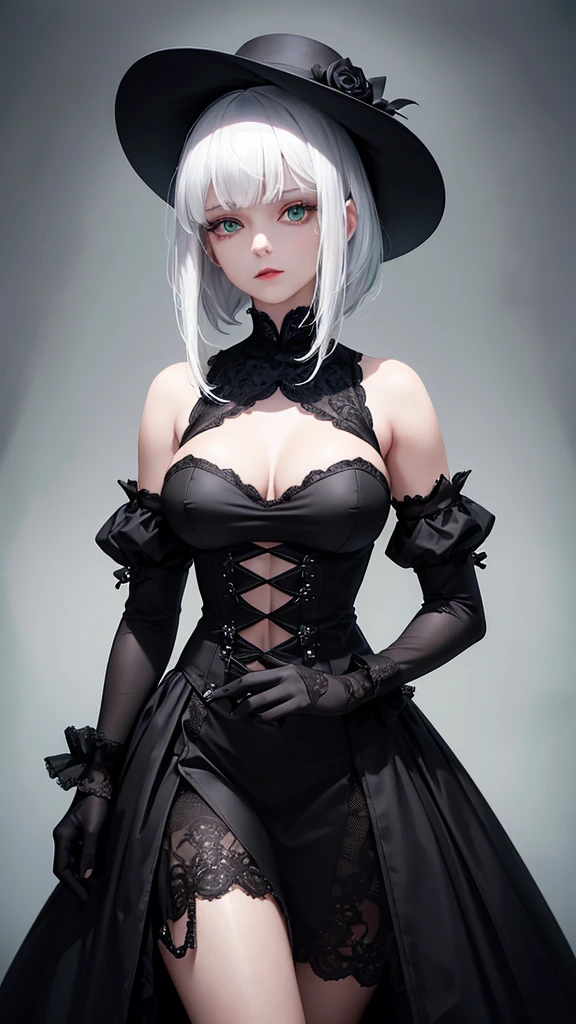 girl with white hair,with bangs, black gloves, green eyes, gothic, dress, 4K, masterpiece, perfect body, stem,perfect eyes, perfect shading, perfect lighting, best quality, work of art, ultra detailed, detailed clothing