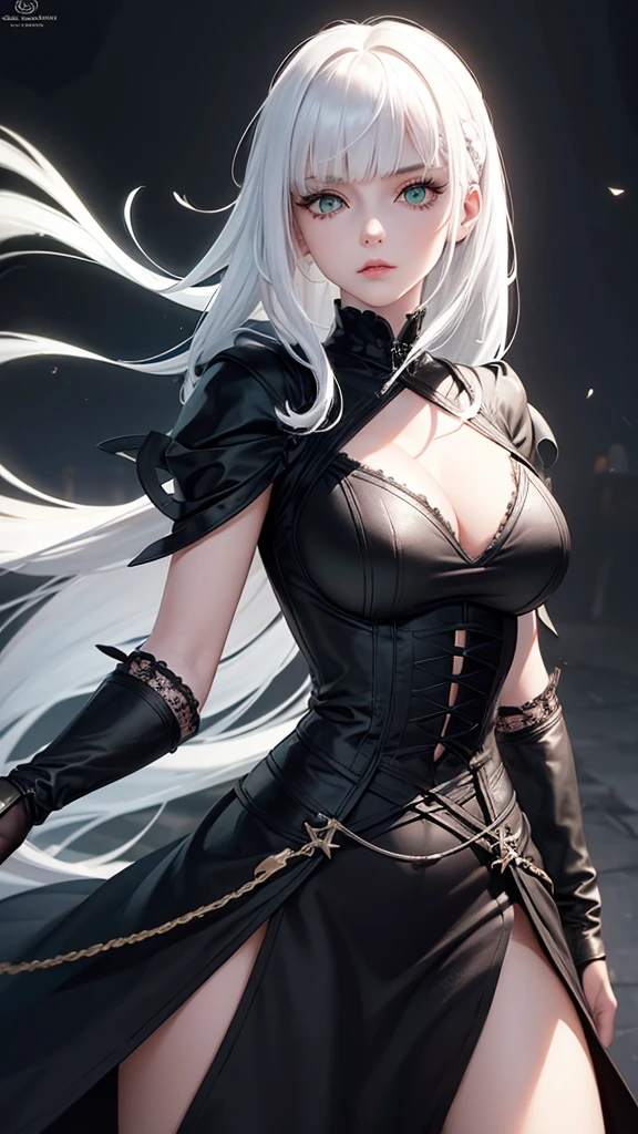 girl with white hair,with bangs, black gloves, green eyes, gothic, dress, 4K, masterpiece, perfect body, stem,perfect eyes, perfect shading, perfect lighting, best quality, work of art, ultra detailed, detailed clothing