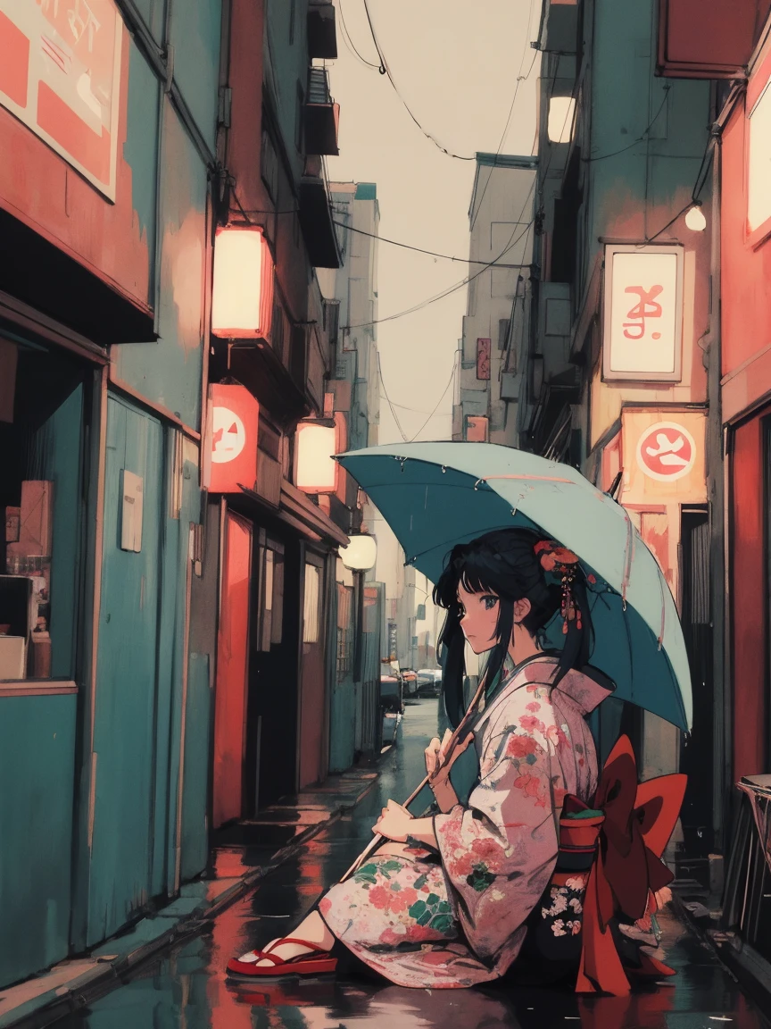 anime girl sitting on floor looking out window at city, anime aesthetic, anime vibes, Lofi Artstyle, Lo-fi portrait. anime, Lofty Girl, anime art wallpaper 4 k, anime art wallpaper 4k, anime art wallpaper 8 k, anime background art, Lofi Color, Lofi Art, anime asthetic, Twin tails, City of night, Tokyo, Wet day, Use an umbrella, kimono, kimono