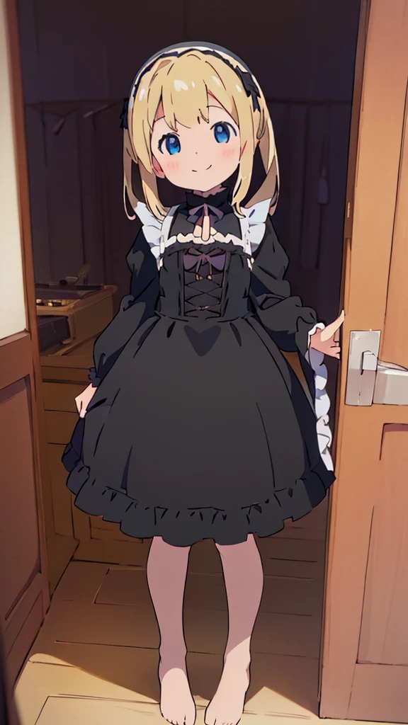 ((masterpiece))((Highest quality))girl、smile、blush、Flat Chest、Are thin、Blonde Hair、blush、Are standing、Whole body image、Eye level to the feet、front、No background、真frontのアングル、Black Gothic Lolita outfit full of frills、Twin tails、Angle where you can see inside the skirt、Fisheye Lens