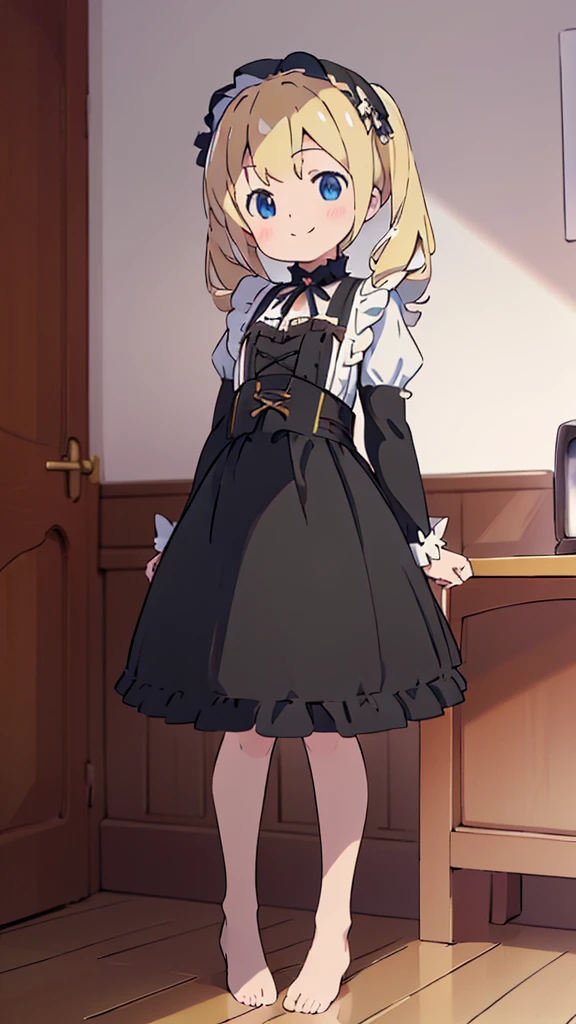 ((masterpiece))((Highest quality))girl、smile、blush、Flat Chest、Are thin、Blonde Hair、blush、Are standing、Whole body image、Eye level to the feet、front、No background、真frontのアングル、Black Gothic Lolita outfit full of frills、Twin tails、Angle where you can see inside the skirt、Fisheye Lens