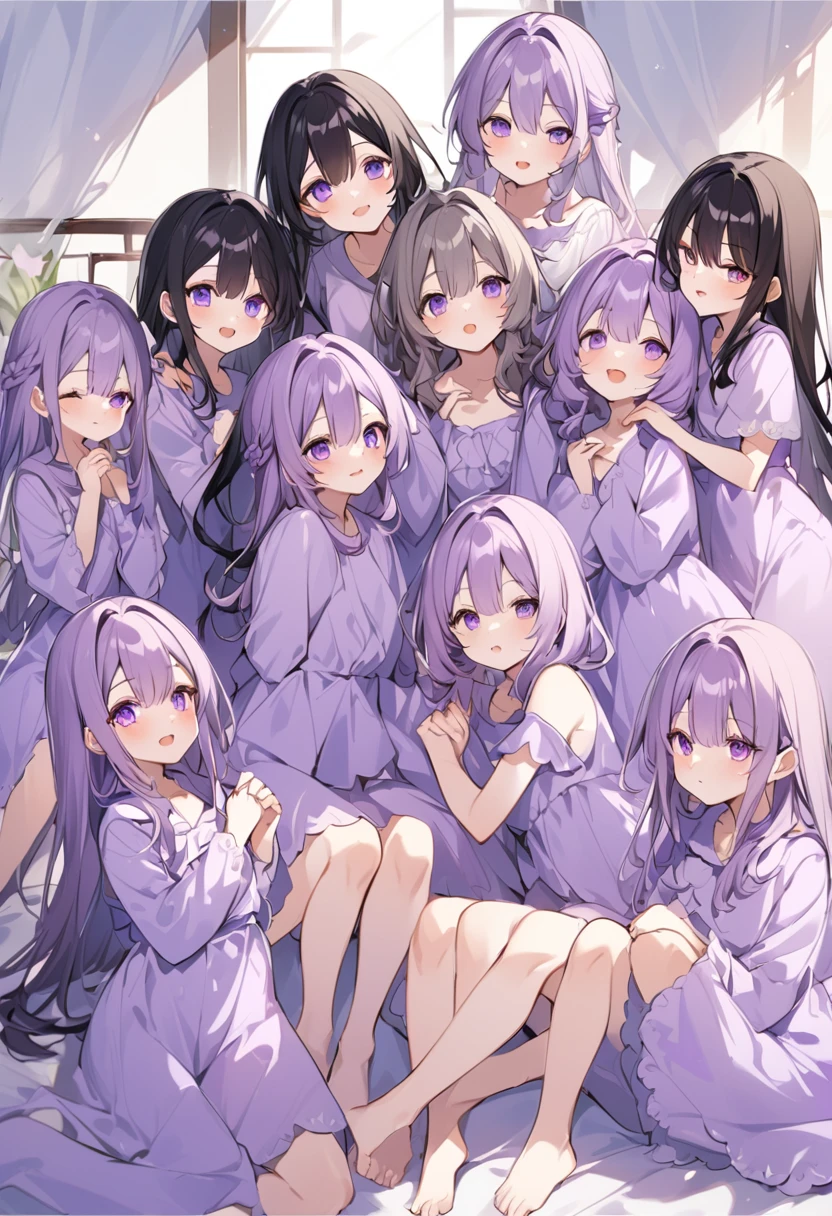 Keito。Purple pajamas。Purple Eyes。Black Hair。barefoot。7 Sistery eldest daughter has lavender hair.。all female。Seven siblings。Purple bed