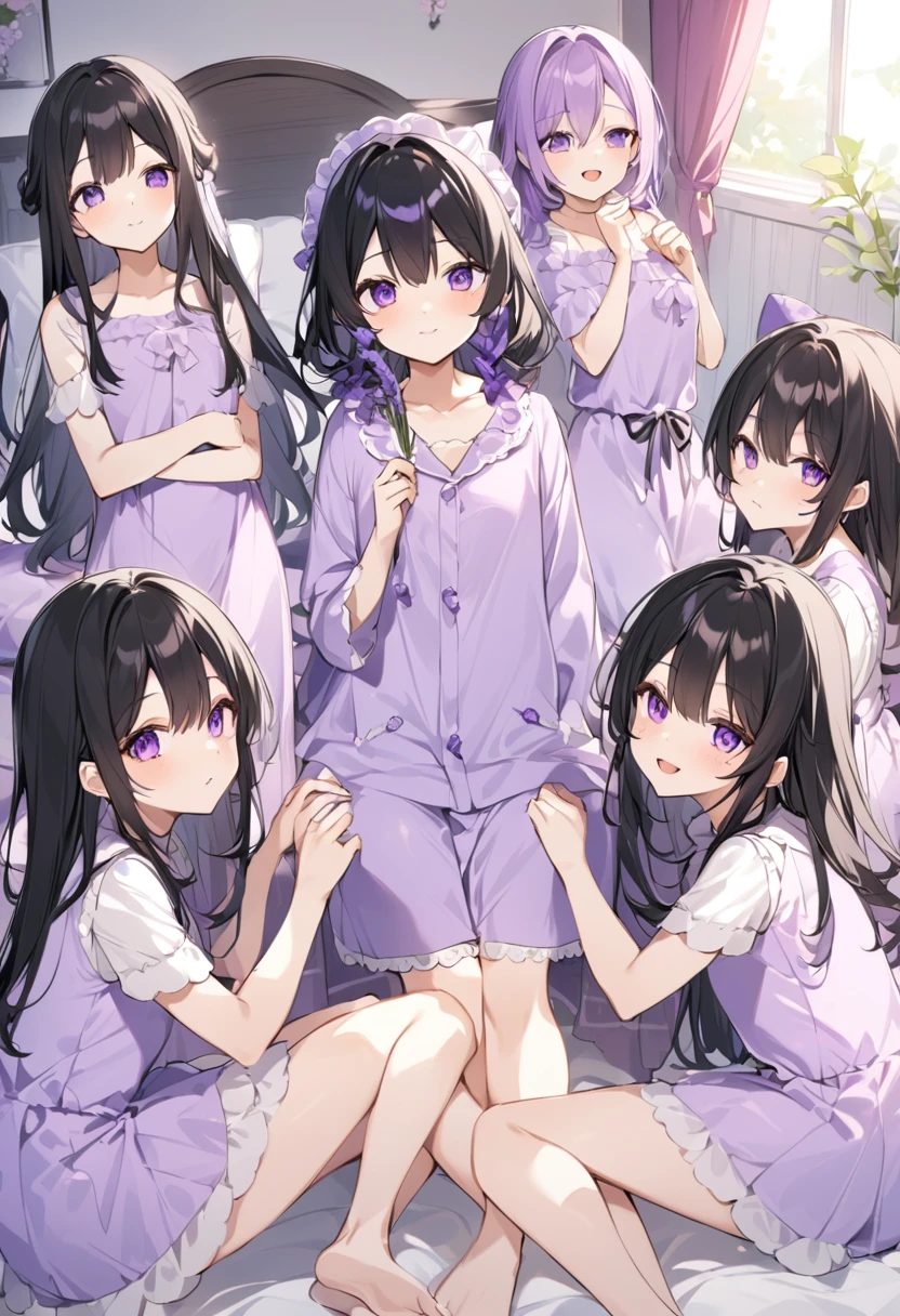 Keito。Purple pajamas。Purple Eyes。Black Hair。barefoot。7 Sistery eldest daughter has lavender hair.。all female。Seven siblings。Purple bed