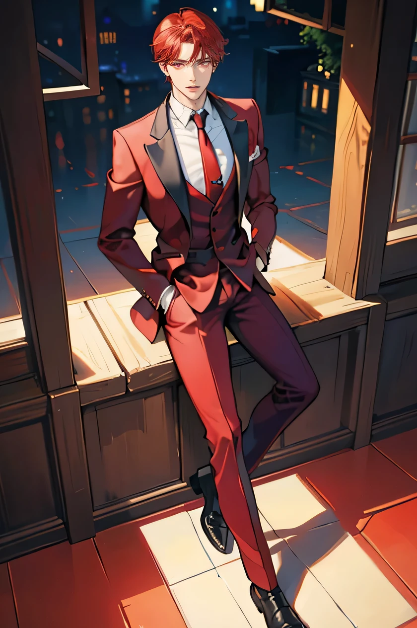 (masterpiece), best quality, seductive eyes, perfect face, handsome man, dark red eyes, side part red hair, long nose, business red suit, red necktie, red innershirt, extremely tall man, long legs, long calves, full body, tall man, long legs, anime cover, 1boy, ear piercings, facial piercings, hands in pockets, adult-like look, pretty but mature man
