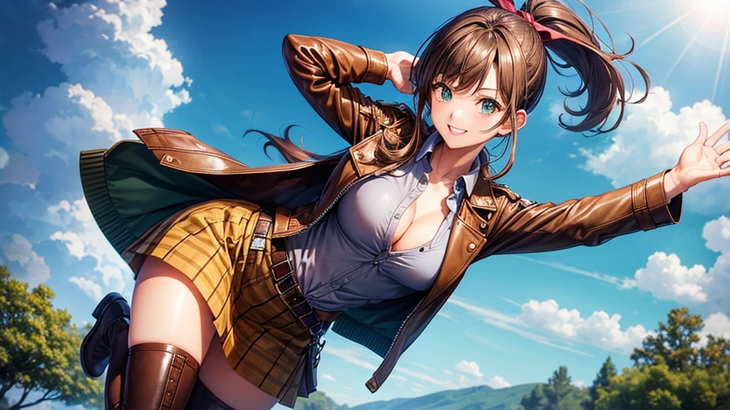 1girl, solo, full body, village, trees, sun, clouds, ((brown hair)), ponytail, large breasts, ((brown leather jacket)), button down shirt, ((blue checked shirt)), ((unbuttoned shirt)), unbuttoning buttons, cleavage 1:3 green eyes, long skirt, brown boots, smile, happy, looking at the viewer, standing, hair ribbon, golden necklate
