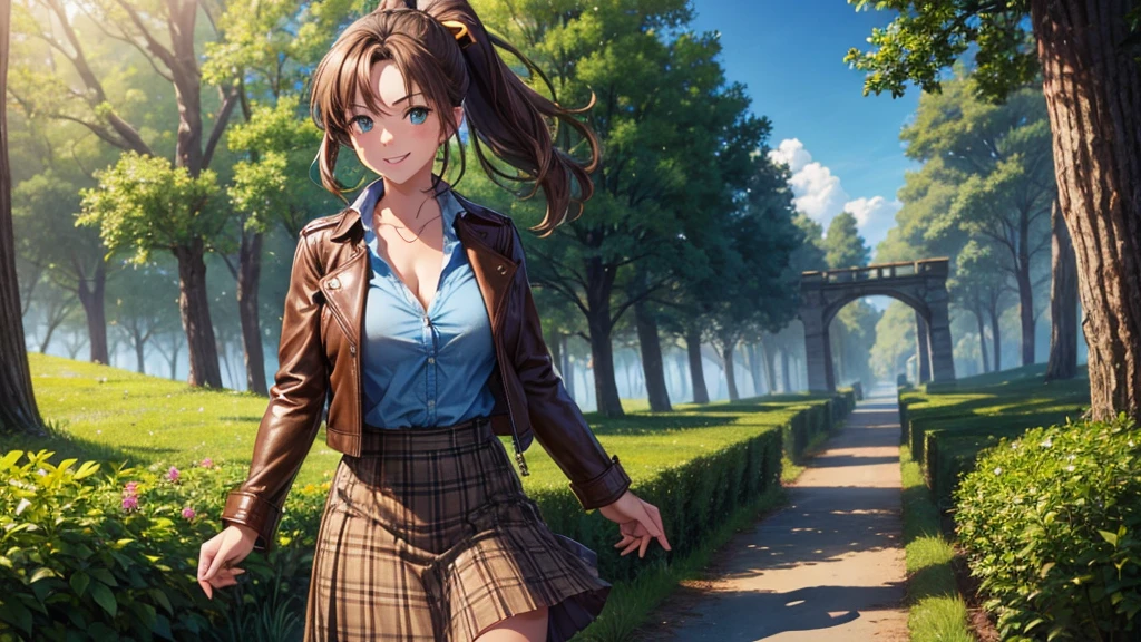 1girl, solo, full body, village, trees, sun, clouds, ((brown hair)), ponytail, large breasts, ((brown leather jacket)), button down shirt, ((blue checked shirt)), ((unbuttoned shirt)), unbuttoning buttons, cleavage 1:3 green eyes, long skirt, brown boots, smile, happy, looking at the viewer, standing, hair ribbon, golden necklate