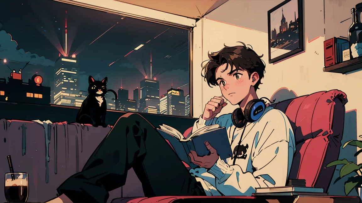 best quality, 8k, 1990s style,2010s hairstyles, 21-year-old boy, black hair, light brown eyes, city pop, pants ,night view, wearing headphones,reading a book, whole body, relax coffee,table,confection,Looking at me, Black cat