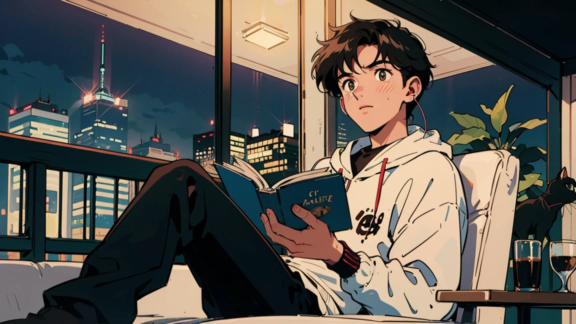 best quality, 8k, 1990s style,2010s hairstyles, 21-year-old boy, black hair, light brown eyes, city pop, pants ,night view, wearing headphones,reading a book, whole body,  relax coffee,table,confection,Looking at me, Black cat
