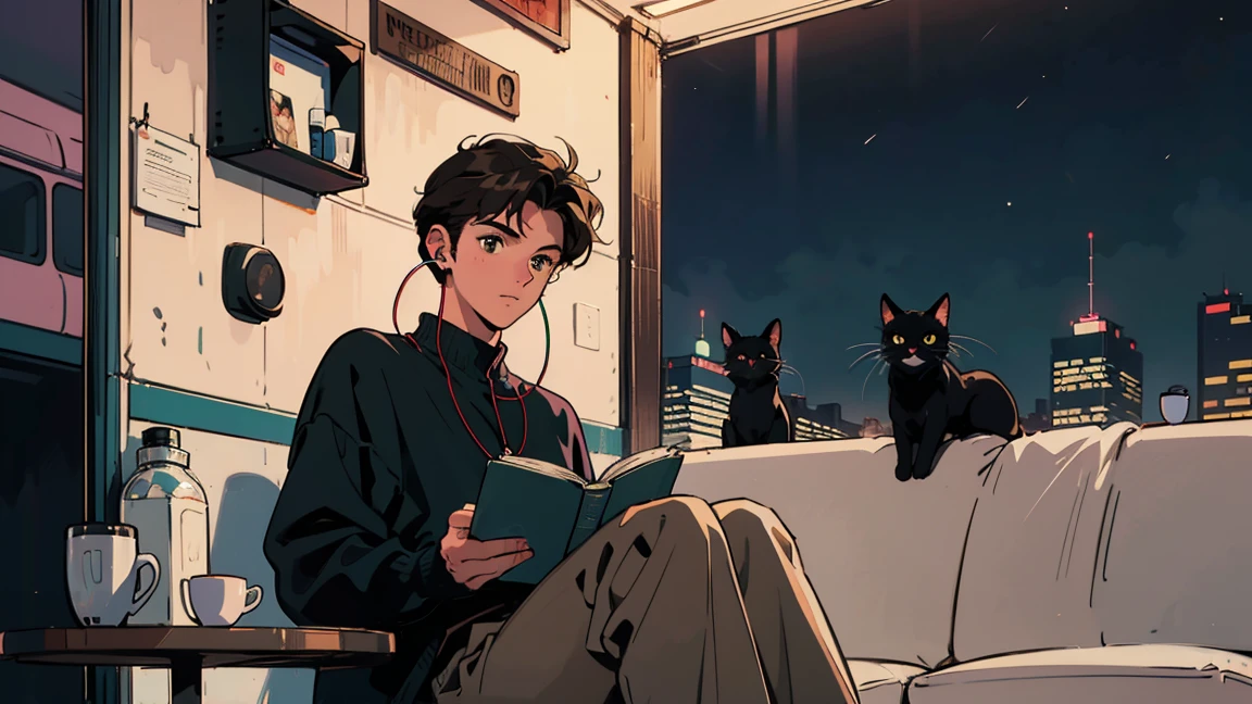 best quality, 8k, 1990s style,2010s hairstyles, 21-year-old boy, black hair, light brown eyes, city pop, pants ,night view, wearing headphones,reading a book, whole body, relax coffee,table,confection,Looking at me, Black cat