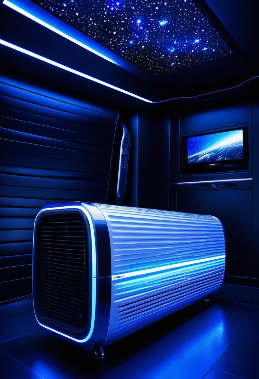 ed-TsapceAcon, masterpiece, full of details a space air conditioner with Mitsubishi logo, sleek metallic design, integrated in a futuristic space cabin, dynamic starry background, exquisite blue LED illumination, very, cinematic, grand technology aesthetic, beautifully detailed, great light reflection, advanced filtration system, flowing air dynamics, colorful control interface, epic high-tech atmosphere, gorgeous