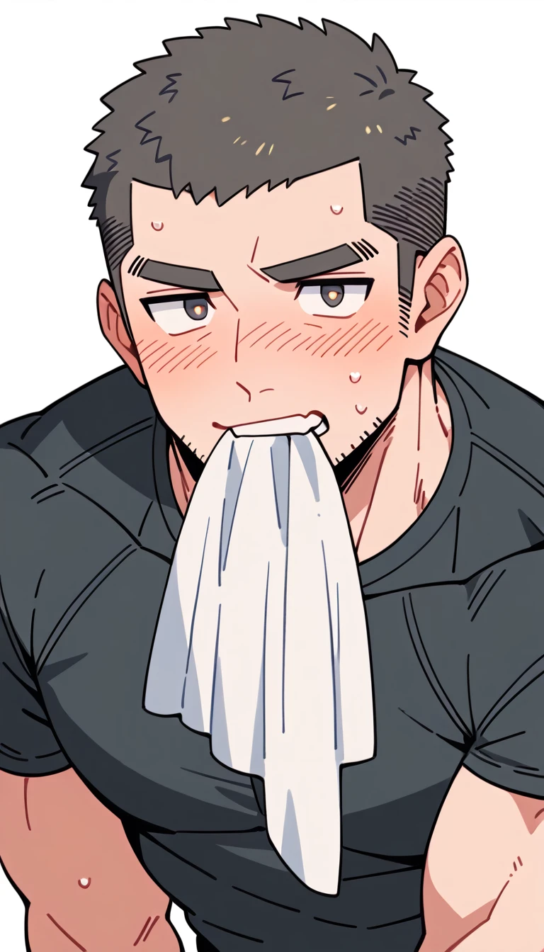 anime characters：Priapus, Muscle Sports Student, Buzz Cut, Manliness, male focus, Dark black tight T-shirt, Very tight, Sweat soaks clothes, full and perky chest muscles, muscular male, muscular, only, Upper body, Perfect muscular waist, alone, Black short hair, Thick eyebrows, stubble, Brown-red pupils, White background, simple background, amazing quality, best aesthetics, Ridiculous, crew cut, blush, mouth hold, Biting a white cotton towel in the mouth, embarrassed, shy, endured face, negative space, best quality