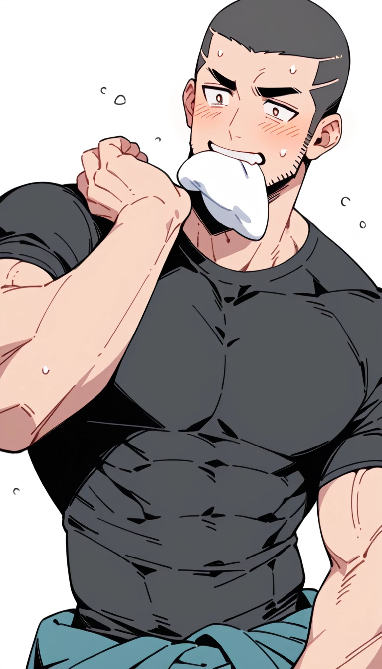 anime characters：Priapus, Muscle Sports Student, Buzz Cut, Manliness, male focus, Dark black tight T-shirt, Very tight, Sweat soaks clothes, full and perky chest muscles, muscular male, muscular, only, Upper body, Perfect muscular waist, alone, Black short hair, Thick eyebrows, stubble, Brown-red pupils, White background, simple background, amazing quality, best aesthetics, Ridiculous, crew cut, blush, mouth hold, Biting a white cotton towel in the mouth, embarrassed, shy, endured face, negative space, best quality