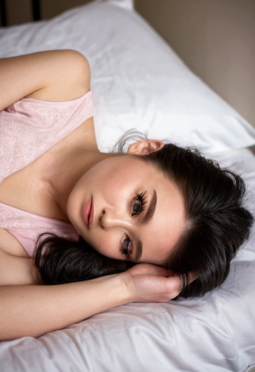 Nikon RAW photos, Eight thousand, Fuji XT3, masterpiece, shirtPink Quality, Practical, photoPractical, (Lying on the sheets), (Lying on the pillow), (giggle: 1.1), best quality, (Detailed facial features), (eyelash: 1.1), (Depth of Field: 1.1), (Chromatic Aberration: 1.1), (Caustics: 1.1) goddess