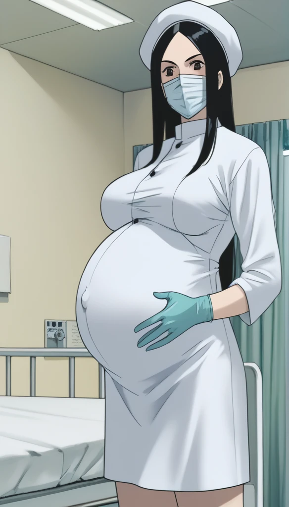 score_9,  score_8_up, score_7_up, source_anime, raw image, masterpiece, highest quality, kasuganoray, pale skin, cynical eyes, long black hair, big breasts, scrubs, surgical mask, bouffant cap, long sleeve maternity dress, put on another long sleeved coat, seamless, navel head, the dress isn't wrinkled, long white stockings,
1girl, pregnant, solo, long rubber gloves, looking down, look at viewer, furrowed brow, hospital bed, light shines from the ceiling, standing, patient room background, she is inquiring about the patient's condition