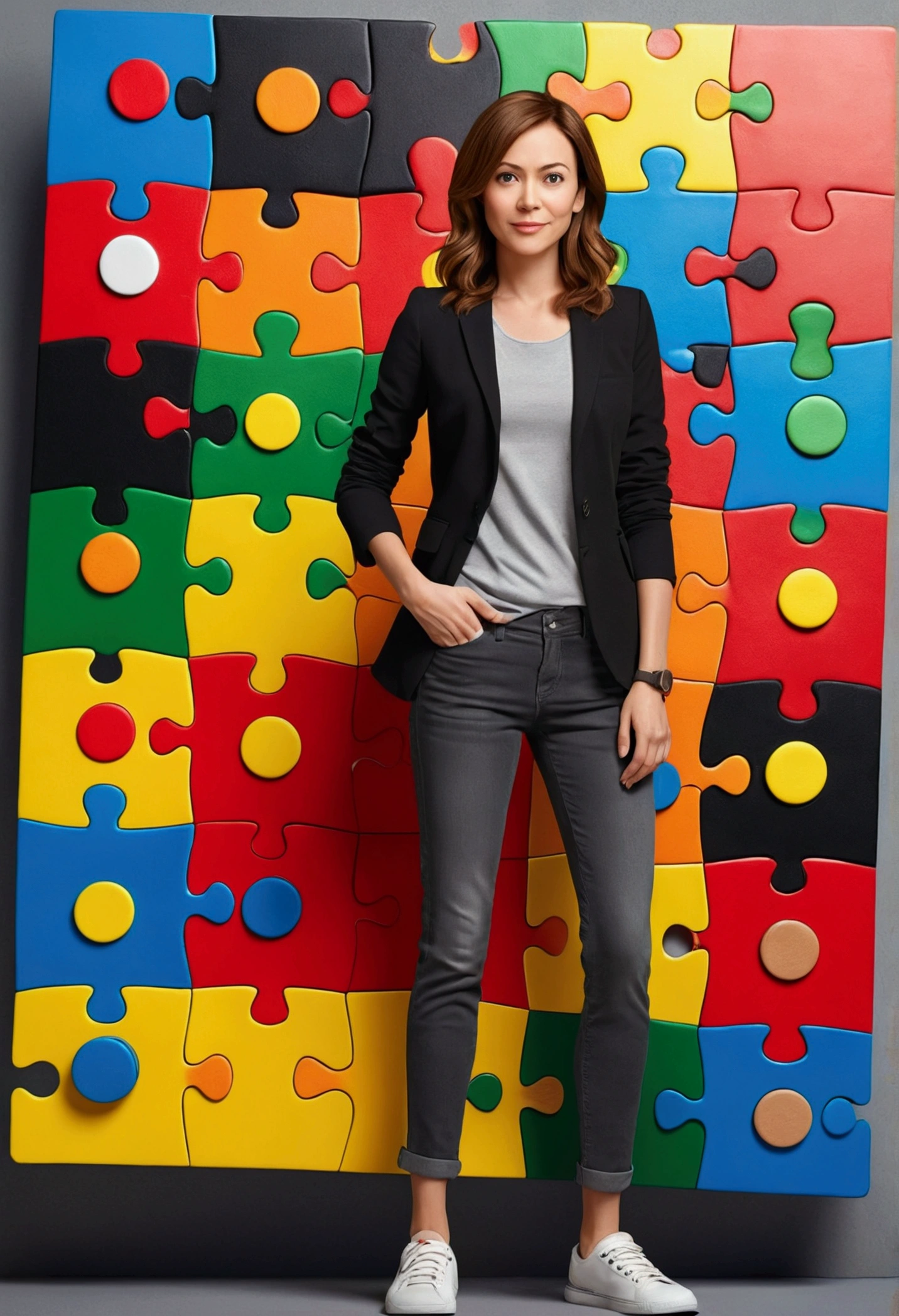 3D PIXAR STYLE POSTER. Woman 38 years old, with light skin, MEDIUM BROWN HAIR ON THE SIDE, eyes browns, black blazer, black jeans pants, gray shirt, White sneakers, notebook in hand, teacher COLORFUL BACKGROUND WITH RED PUZZLE, Unripe, azul e amarelo