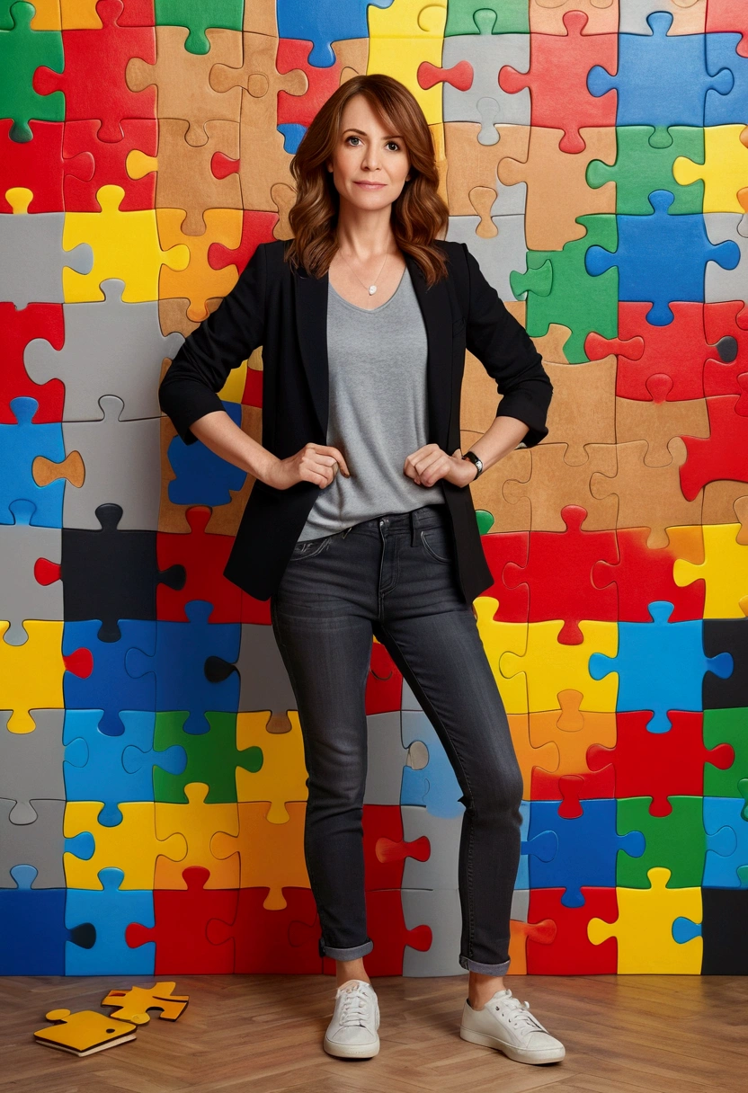 3D PIXAR STYLE POSTER. Woman 38 years old, with light skin, MEDIUM BROWN HAIR ON THE SIDE, eyes browns, black blazer, black jeans pants, gray shirt, White sneakers, notebook in hand, teacher COLORFUL BACKGROUND WITH RED PUZZLE,  Unripe, azul e amarelo