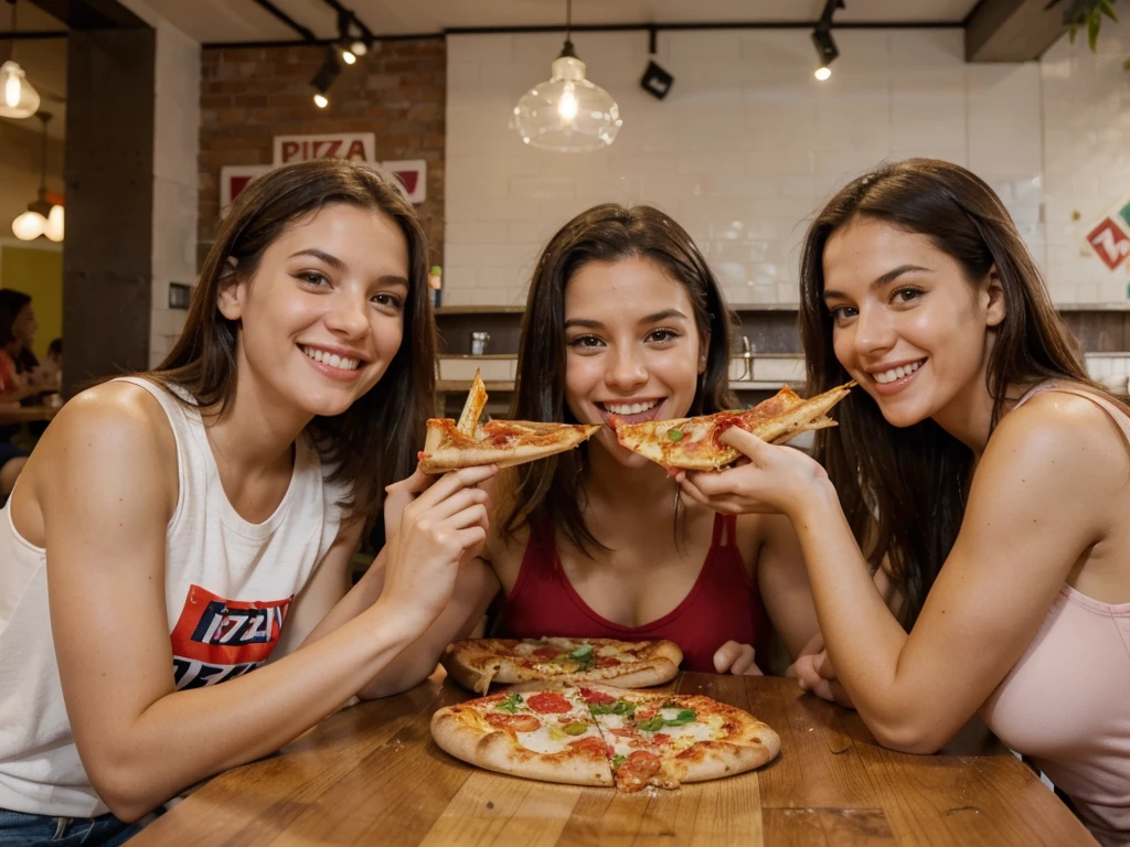 Professional photo, stock image style, smiling happy pretty friends eating pizza together, in pizza restaurant, beautiful pizza, yummy pizza, happy people, people eating, young people, youth, happy, friends, 5 on table. Having fun. Male and female, occupied by eating, movie scene, not looking at camera