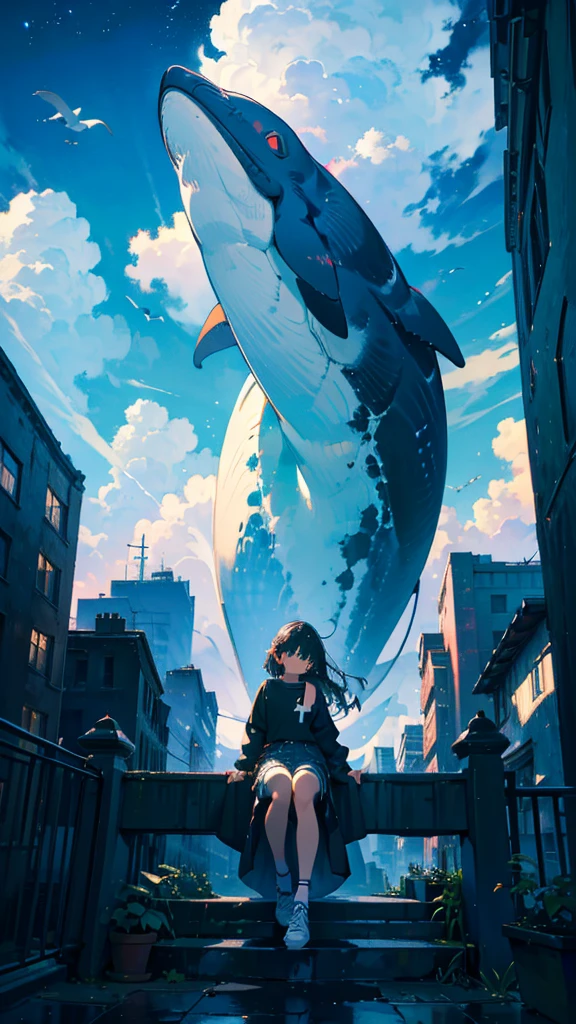 masterpiece, Exquisite detail,Highest quality, One girl, alone, handrail, cloud, Looking up at the buildings,Long Hair, zero, Long sleeve, Power lines, White footwear, Black Hair, View your viewers, Electric pole, bangs, cloudy zero, fish, bird, Green Eyes, Shorts, Day, Black Shirt, barefoot,Whale flying in the sky,Giant whale,night,Star,milky way,night,Pitch black,Buildings,Sitting,Standing and looking up