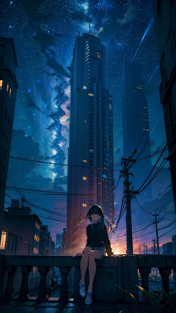 masterpiece, Exquisite detail,Highest quality, One girl, alone, handrail, cloud, Looking up at the buildings,Long Hair, zero, Long sleeve, Power lines, White footwear, Black Hair, View your viewers, Electric pole, bangs, cloudy zero, fish, bird, Green Eyes, Shorts, Day, Black Shirt, barefoot,Whale flying in the sky,Giant whale,night,Star,milky way,night,Pitch black,Buildings,Sitting,Standing and looking up