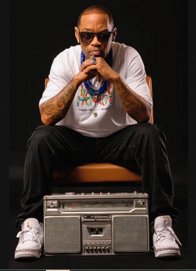 45-year-old black rapper in pixar style, in the background several lights