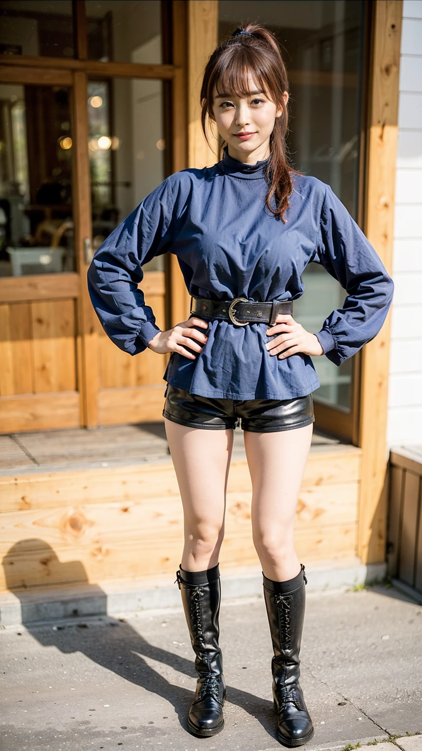 (8k、RAW Photos、Highest quality、masterpiece:1.2)、(Highest quality、Realistic)、1 Girl、((ガーターbelt、Arm Covers、blackい忍者装束、Shorts、black、tights、Gloves、belt、ponytail、See-through、Thin legs、whole body、boots、City of night、View from the front、Looking into the camera、Stand with hands on hips))、cute
