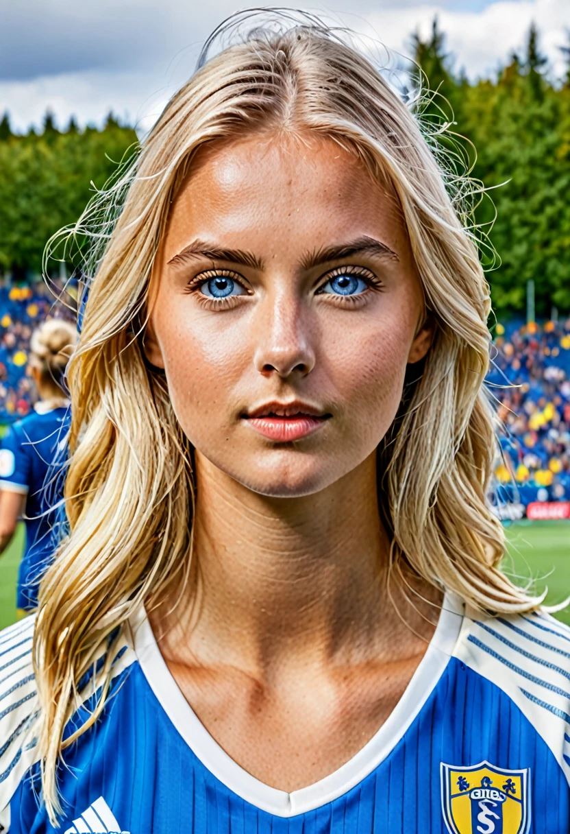 (Meilleure qualité, ultra-détaillé, 8k, Détails élevés), fille suédoise, Femme parfaite, forme du corps en sablier, blond, yeux bleus, nordique, joue au football, charmant, innocent, Séduisant, séduisant, Stockholm,
