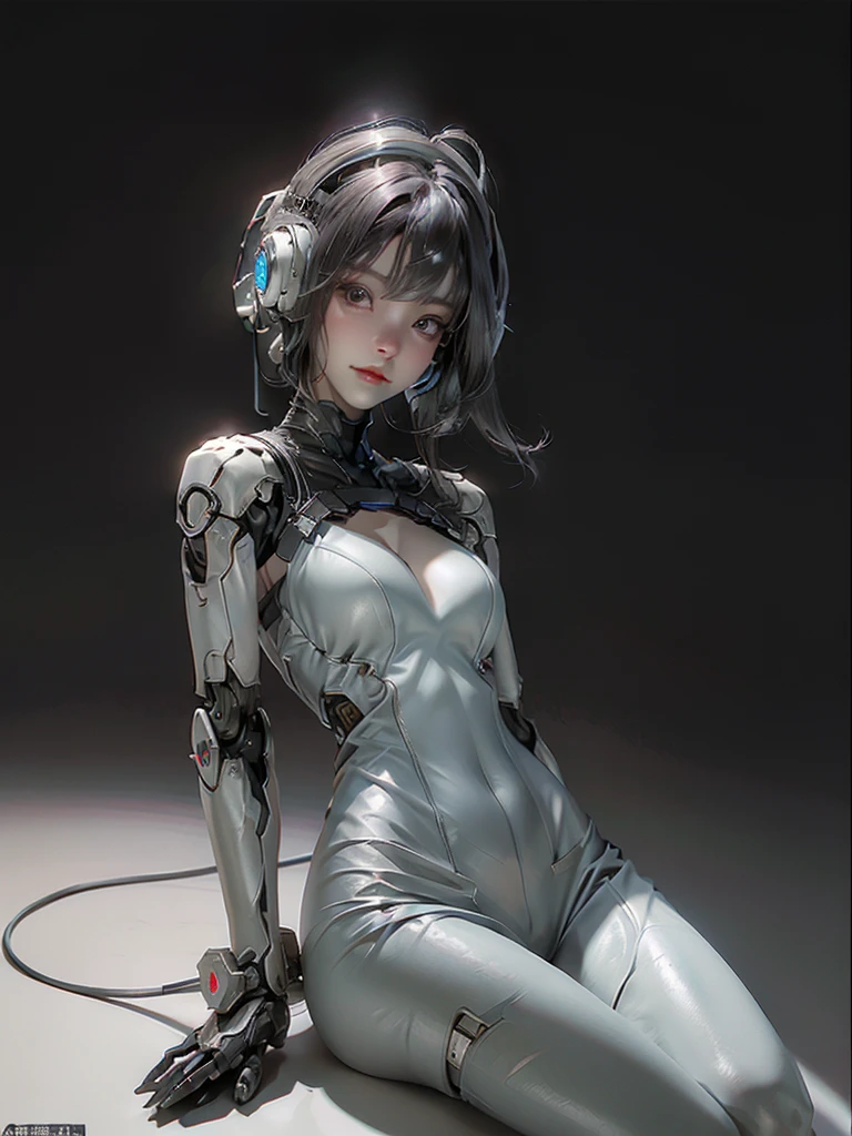 Extremely cute human  girl face, human torso, human huge , human abdomen, human hips, robotic arms, mechanical legs, arms and legs with hard white shiny shell and black joints, very beautiful and feminine, short, , small, small, busty buttocks, medium bust, cleavage display, flat belly display, partial helmet with antenna on the ear, black robot joints, very stylish, award-winning product design, black rubber tights, The shiny white metal breastplate opens at the cleavage and abdomen, the white metal buttocks are wrinkled, and the armor has stylish, glowing trims