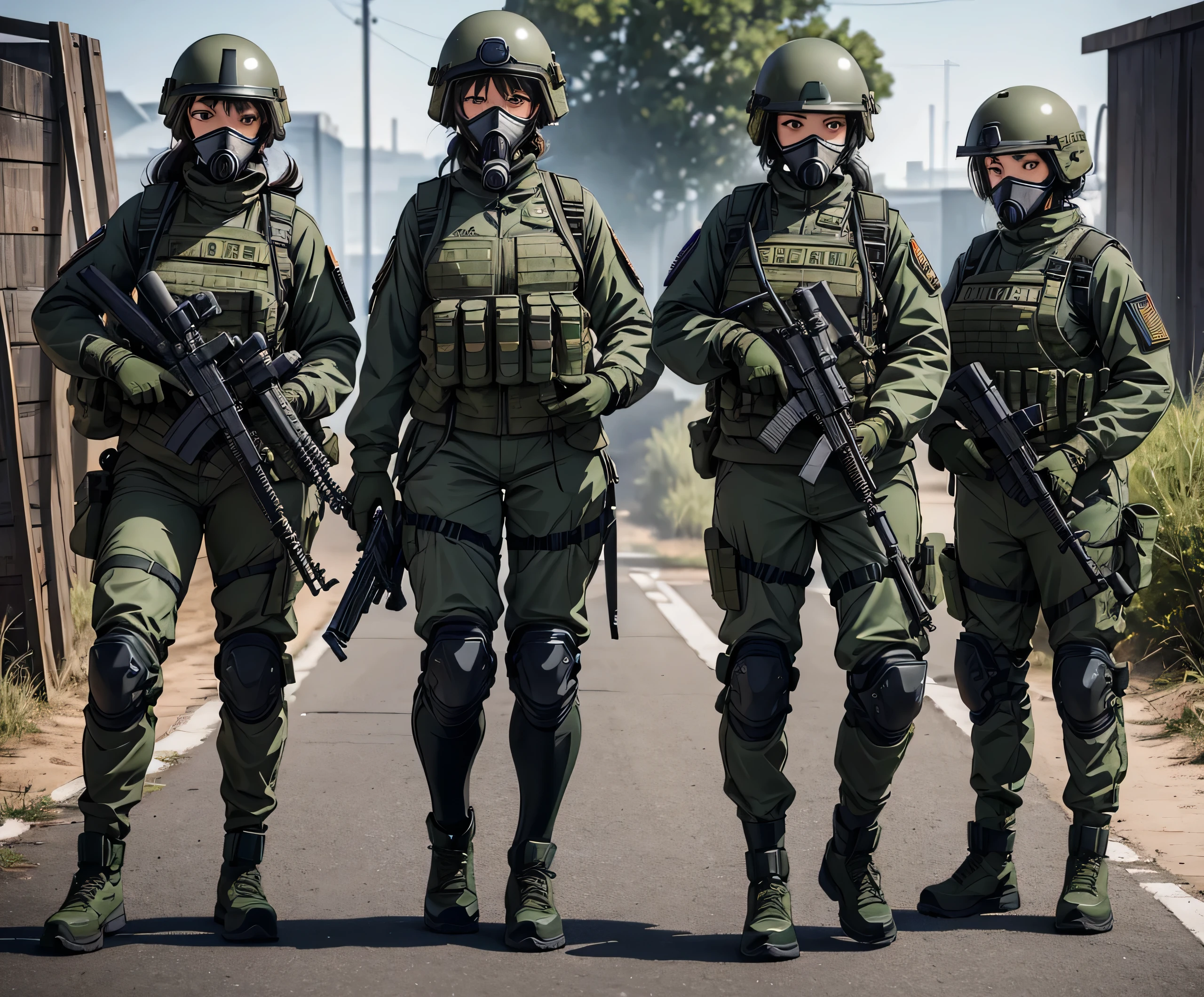 A group of female special forces soldiers wearing helmets、Standing side by side、Wearing dark green M-51 military uniform、Gas Mask、Goggles、Bulletproof vests、Knee pads、Write details、masterpiece、best quality、Highly detailed CG、8K picture quality