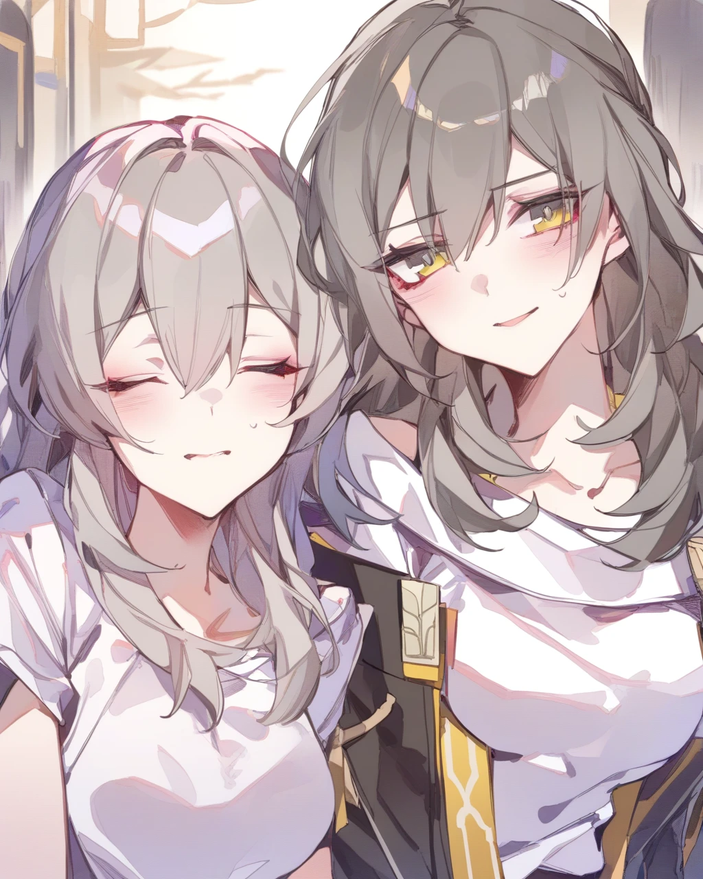 masterpiece,best quality,2girls, multiple girls, cocoballking, outdoors, upper body, grey hair, long hair, shirt, absurdres, closed eyes, commentary, firefly \(honkai: star rail\), grey eyes, head tilt, highres, honkai: star rail, honkai \(series\), stelle \(honkai: star rail\), trailblazer \(honkai: star rail\), white shirt, yuri