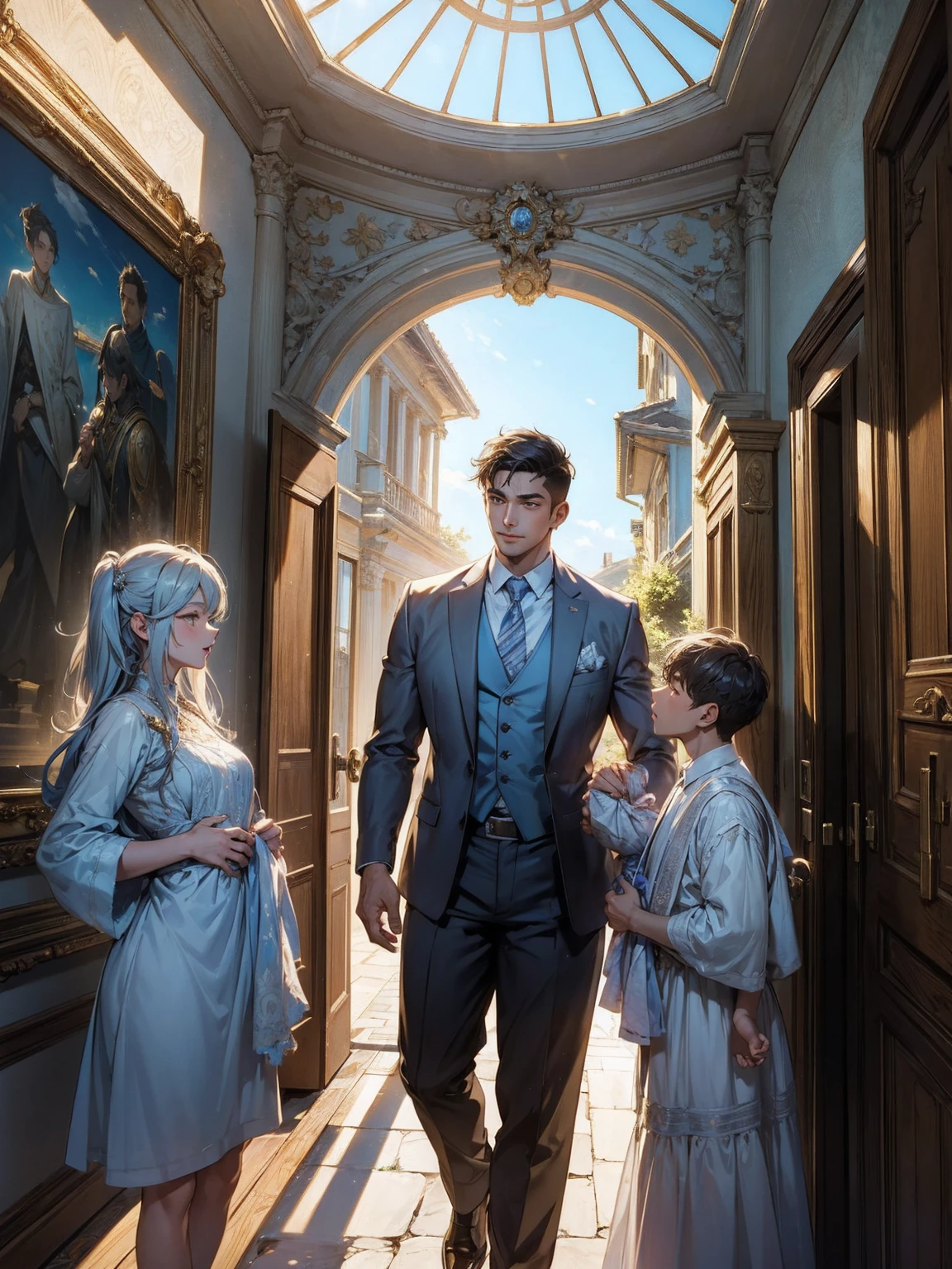(((masterpiece))), ((Highest quality)), ((Super detailed)), (CG illustration), Happy parent-child scene。The resurrected form of Emperor Constantine and the twins Crispus and Fausta.、Father and son landscape。「Varna, Bulgaria、Under the clear blue sky、A summer evening where a stylish modern mansion shines。As the bright sunlight envelopes the sea and the mansion、A young father in his 30s hugs his twin sons tightly and warmly on his way home from work。The father's face was filled with deep love, retribution and forgiveness.、I can see the look of relief on his face, having overcome his past mistakes.。The children have innocent, naive smiles、He buried his face in his father's shoulder and looked relieved.。Light and shadow gently intersect、A scene that creates a warm and moving atmosphere overall.。」Love。Love, forgiveness, healing and purification。Detailed and delicate。lyrical。Heartful