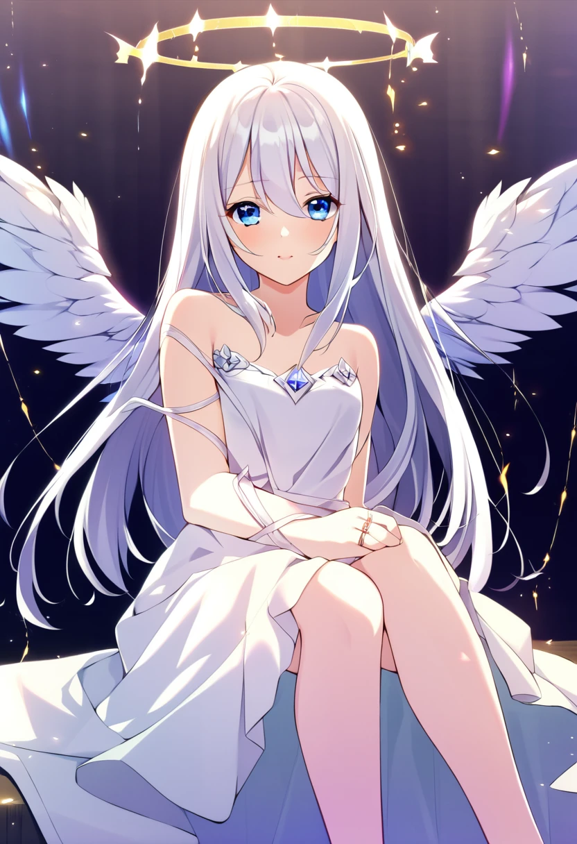 one girl, fallen angel, angel wing, angel ring, sacred, cute, naive, sitting, , beautiful, light blue eyes, white dress, white hair