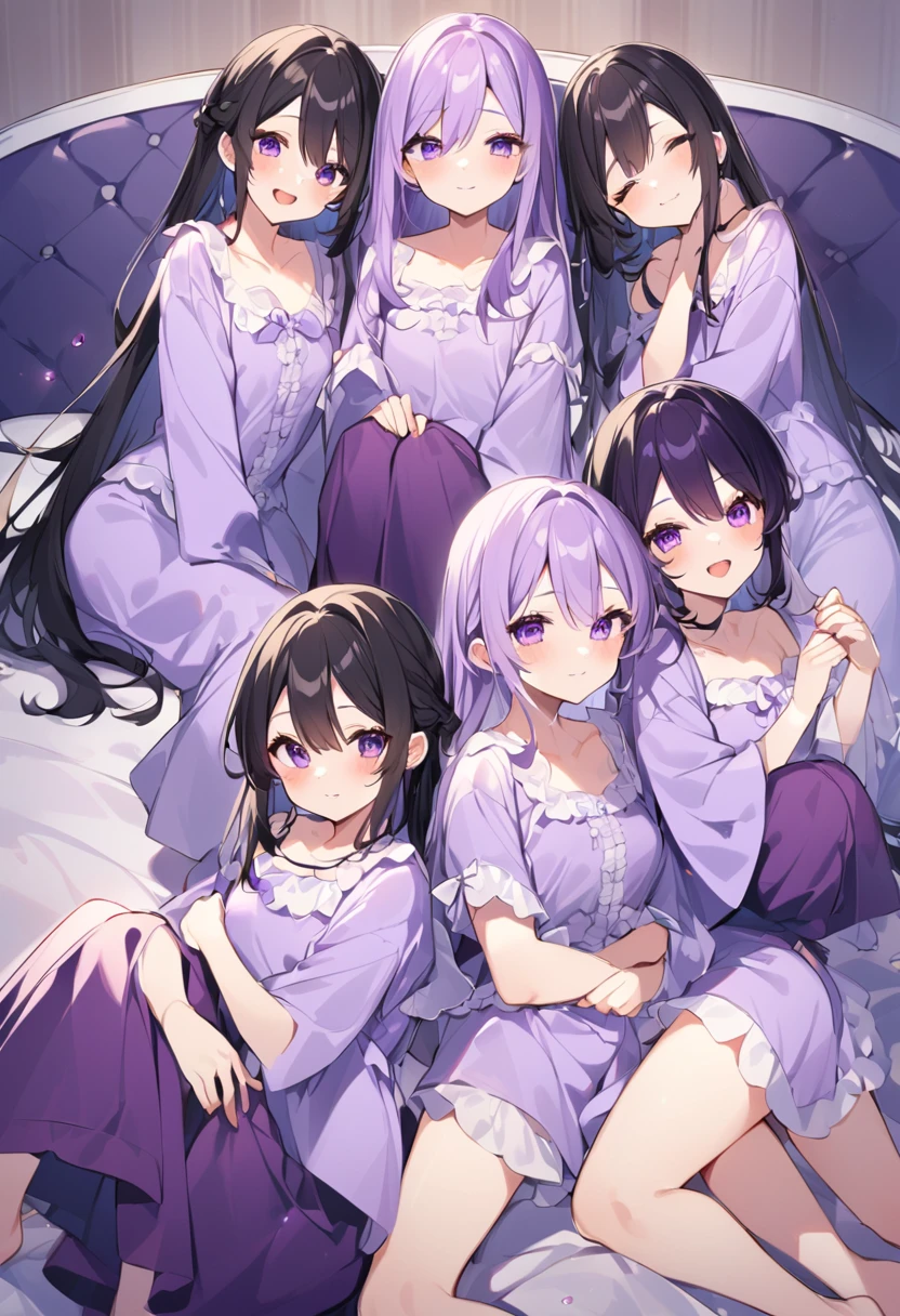 Keito。Purple pajamas。Purple Eyes。Black Hair。Six Barefoot Sisters。They both have lavender hair。all female。Sextuplets。Purple bed