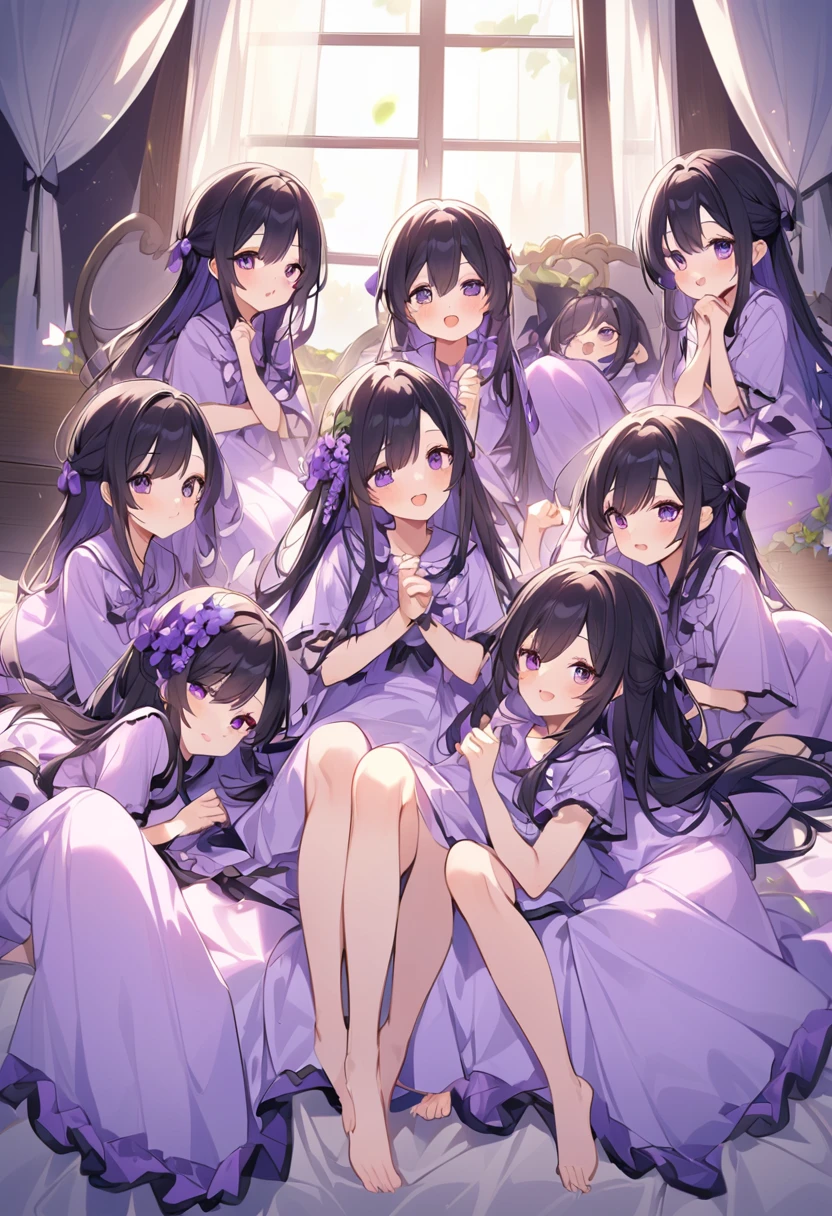 Keito。Purple pajamas。Purple Eyes。Black Hair。Six Barefoot Sisters。They both have lavender hair。all female。Sextuplets。Purple bed