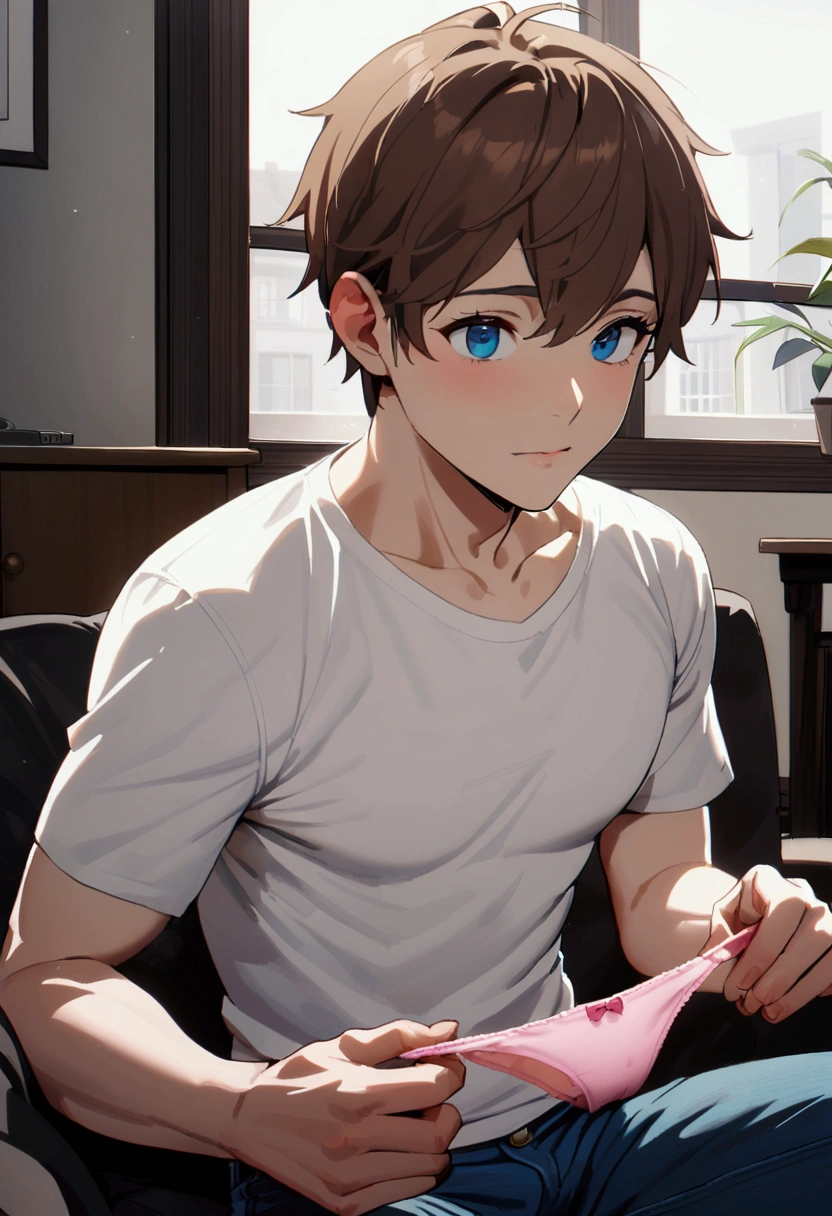 1man with short brown hair, blue eyes, tall, white t shirt, jeans, hold pink panties, sniff panties, living room