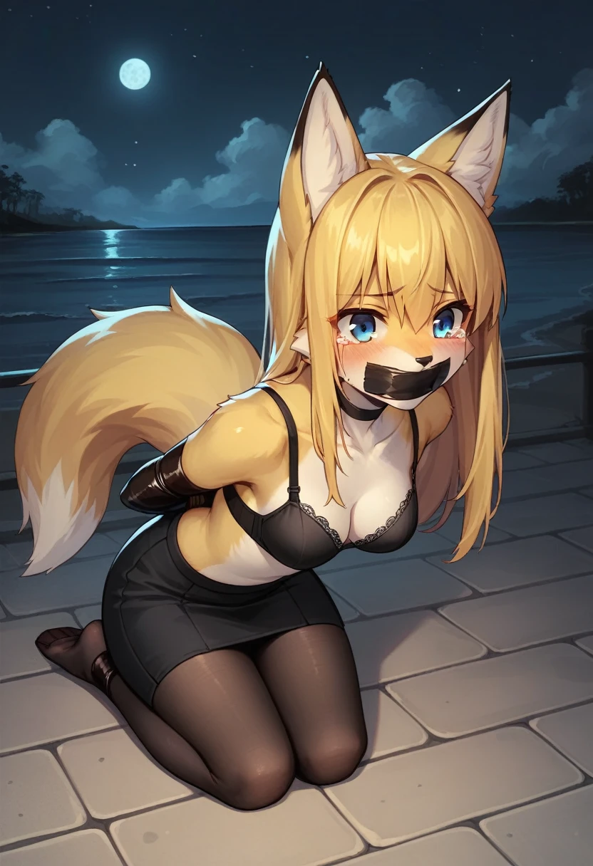 Solo, Female, (Anthro fox, Yellow fur with white details, Long yellow hair, Blue eyes, Black bra, Black skirt, Black chocker, Black long gloves, Black tights), Detailed background, Beach background, Tape mouth gag, Hands tied with tape, Legs tied with tape, On knees, Tears, (Night, Foggy)