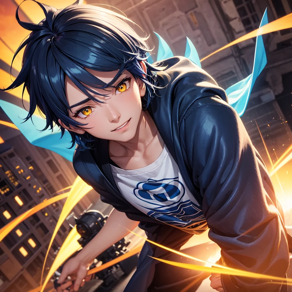 A close up of A man 1boy Facing Right, high angle perspective, a Mouth Smile, Face style, Black with Blue Japanese Hairstyles For Men, Yellow_Eyes, skill Efforts, light, Blue flames cool, High, a anime Highest style, Blue Hair, powerful, T-shirts, Color cape Blue, a in cool Realistis, a scenery sunset background Buram Perbesaran, digital anime style, sunset, UHD, Lens flare, digital Style, manga cover style, 3d cg rendering, HD Best quality