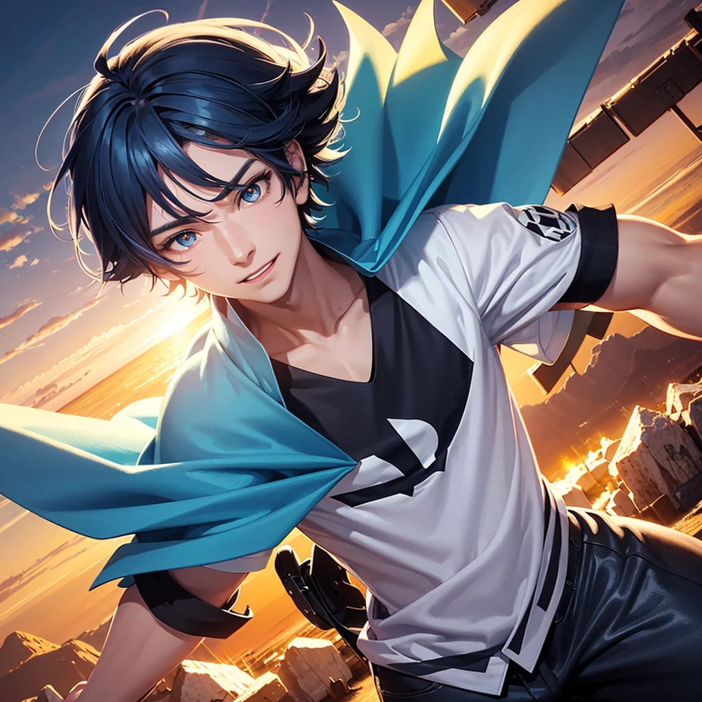 A close up of A man 1boy Facing Right, high angle perspective, a Mouth Smile, Face style, Black with Blue Japanese Hairstyles For Men, Yellow_Eyes, skill Efforts, light, Blue flames cool, High, a anime Highest style, Blue Hair, powerful, T-shirts, Color cape Blue, a in cool Realistis, a scenery sunset background Buram Perbesaran, digital anime style, sunset, UHD, Lens flare, digital Style, manga cover style, 3d cg rendering, HD Best quality