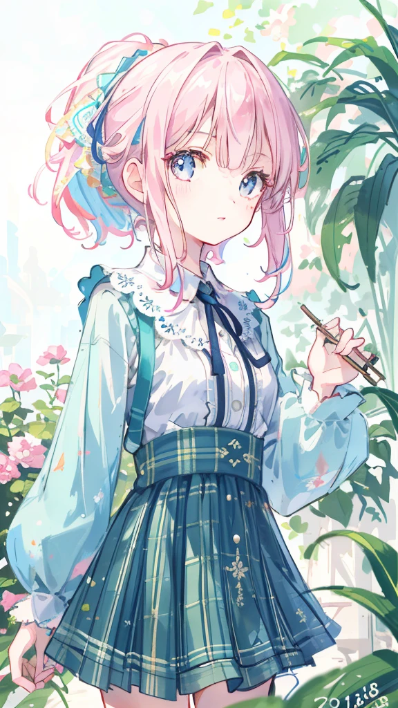 A girl in an oasis, detailed facial features, beautiful detailed eyes, beautiful detailed lips, extremely detailed face, long eyelashes, girl with double ponytail, girl with pastel pink gradient hair, girl wearing tartan dress, white background, best quality, 4k, 8k, highres, masterpiece, ultra-detailed, realistic, photorealistic, HDR, UHD, studio lighting, ultra-fine painting, sharp focus, physically-based rendering, extreme detail description, professional, vivid colors, bokeh