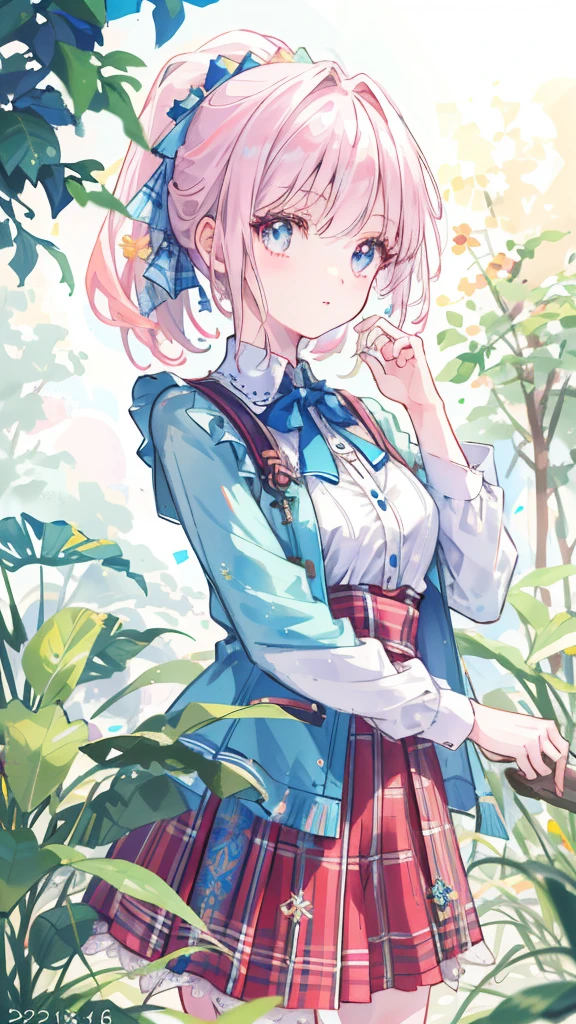 A girl in an oasis, detailed facial features, beautiful detailed eyes, beautiful detailed lips, extremely detailed face, long eyelashes, girl with double ponytail, girl with pastel pink gradient hair, girl wearing tartan dress, white background, best quality, 4k, 8k, highres, masterpiece, ultra-detailed, realistic, photorealistic, HDR, UHD, studio lighting, ultra-fine painting, sharp focus, physically-based rendering, extreme detail description, professional, vivid colors, bokeh
