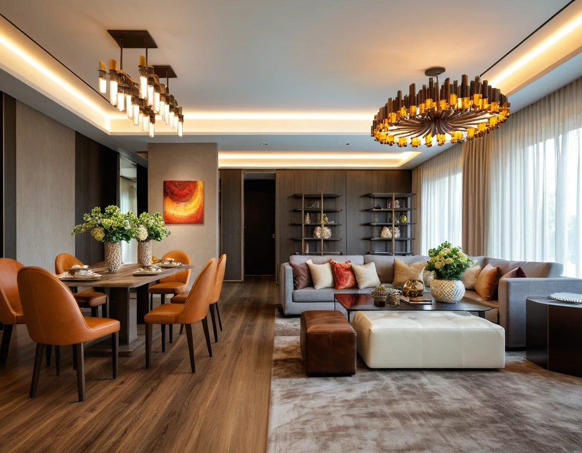 Raw photo, Masterpiece, high quality, best quality, authentic, super detail, indoors, ((living room luxury modern style)), sofa, table coffee, (a rug in sofa place), dining table, brown leather chairs, flower vases, shelves, curtain walls, oil paintings, windows, ceiling lights, (chandeliers), dim light, (vivid color)