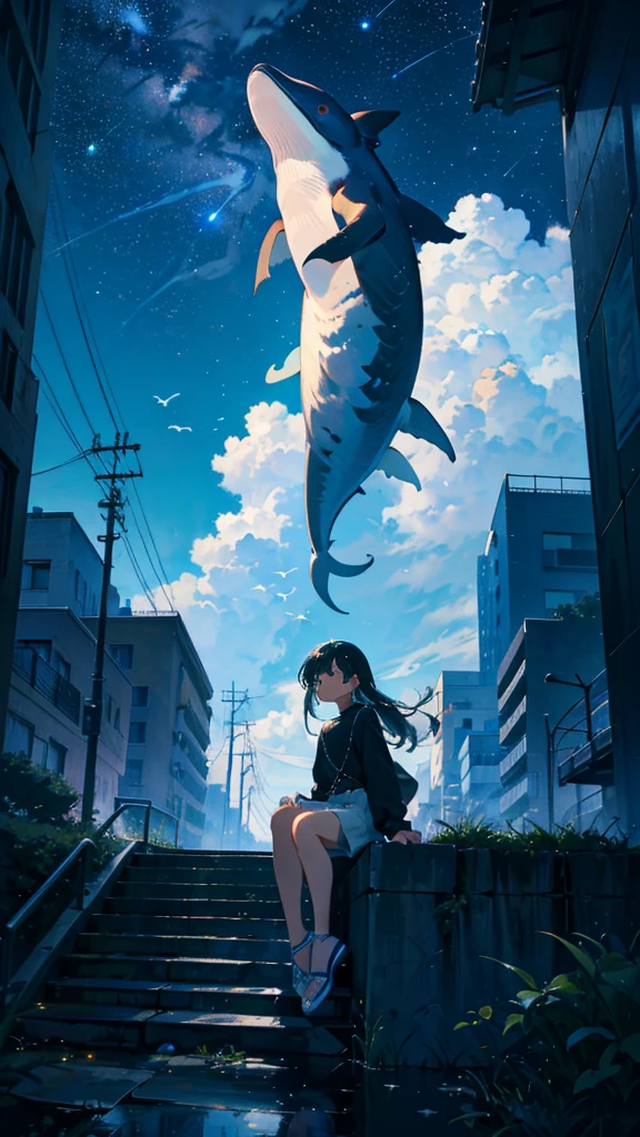 masterpiece, Exquisite detail,Highest quality, One girl, alone, handrail, cloud, Looking up at the buildings,Long Hair, zero, Long sleeve, Power lines, White footwear, Black Hair, View your viewers, Electric pole, bangs, cloudy zero, fish, bird, Green Eyes, Shorts, Day, Black Shirt, barefoot,Whale flying in the sky,Giant whale,night,Star,milky way,night,Pitch black,Buildings,Sitting,Standing and looking up