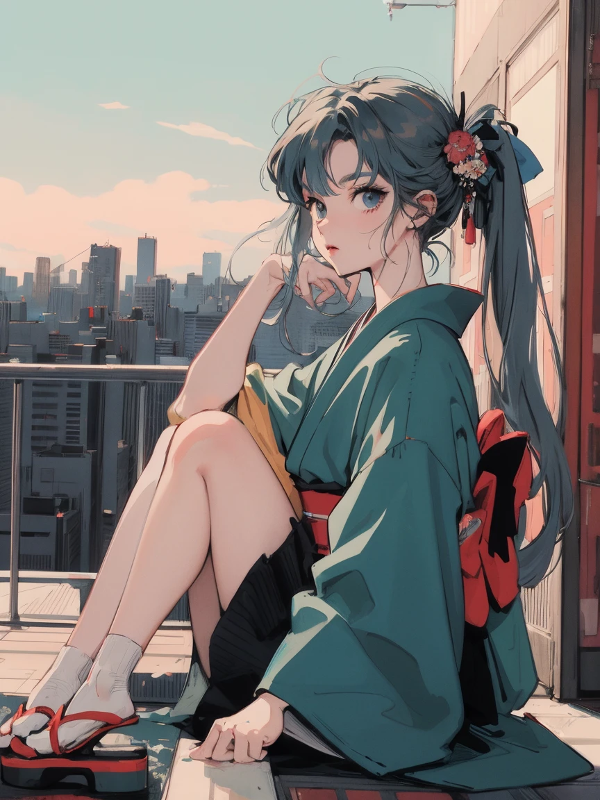 anime girl sitting on floor looking out window at city, anime aesthetic, anime vibes, Lofi Artstyle, Lo-fi portrait. anime, Lofty Girl, anime art wallpaper 4 k, anime art wallpaper 4k, anime art wallpaper 8 k, anime background art, Lofi Color, Lofi Art, anime asthetic, Twin tails, City of night, Tokyo, Wet day, kimono, kimono