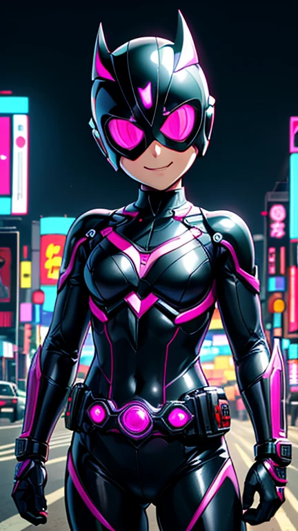 (8k),(masterpiece),(Japanese),(8-year-old girl),((innocent look)),((Childish)),From the front,smile,cute,Innocent,Kind eyes,Flat chest,purple helmet,black domino mask,Aurora, bald,no Hair,Strong wind,night,dark, Neon light cyberpunk city,Kamen_Rider,camisa