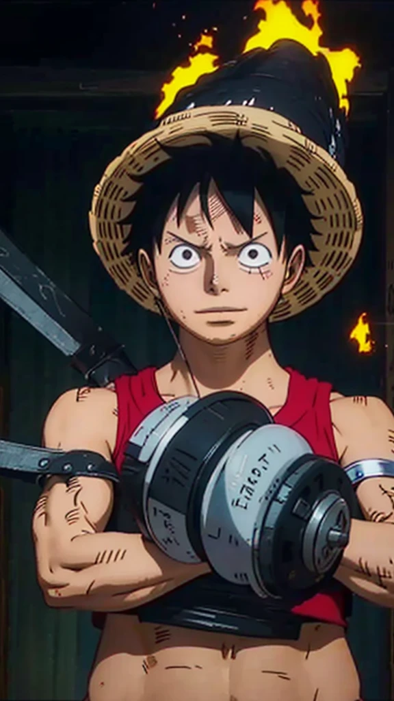 Gym background, gym, luffy gear 5 from one piece,gym clothes, lifting dumbbells, laughing, glowing eyes, 1boy, wanostyle, monkey d luffy, smiling, straw hat, looking at viewer, solo, upper body, ((masterpiece)), (best quality), (extremely detailed), depth of field, sketch, dark intense shadows, sharp focus, soft lighting, hdr, colorful, good composition, fire all around, spectacular, closed shirt, anime screencap, scar under eye, ready to fight, black eyes