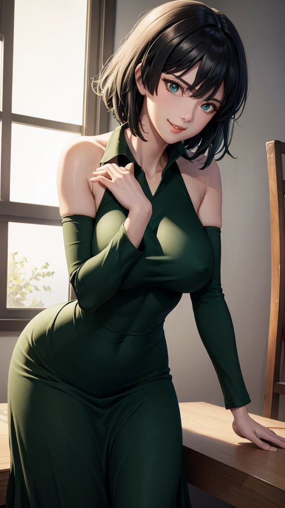 Highest quality、Best image quality、masterpiece、One woman，fubuki, Very cute face、Beautiful Eyes、Perfect body，Highly detailed face，Large Breasts，Cleavage、Black Hair，Green clothes，Very tight collared one piece dress、Upper Body, In an abandoned warehouse, On the couch、sexy pose, bewitching pose, (leaning forward:1.3), (hands on knees:1.3), Hard nipples、Wicked Smile, 