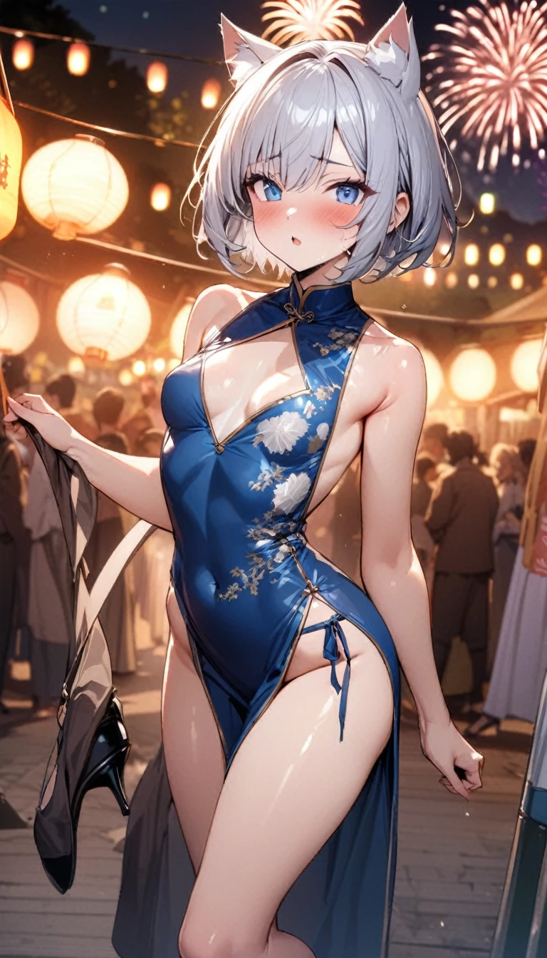 (((best quality)), ((masterpiece)), (details), masterpiece, best quality, high quality, ulutra detailed, perfect face, ((1girl, blue eyes, cat ears: 1.3 silver bob hair: 2.5,)) 、Shiny Hair、Glowing Skin、blush、Lustful look、Small breasts、I can see your toned stomach、China dress、Alluring expression，An inviting body、Hot flashes、Small breasts，valley、Sidetiletto heels、Festivals、firework