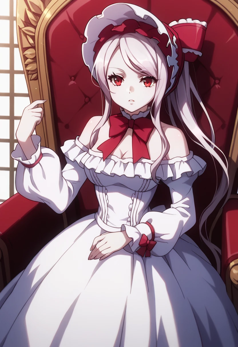 score_9, score_8_up, score_7_up, solo, 1girl,  shalltear bloodfallen, anime style, bonnet, hairbow, silver hair, pale skin, red eyes, throne room, hd, detailed
