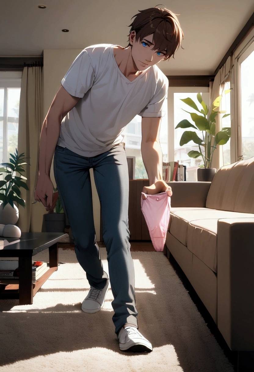 1man with short brown hair, blue eyes, tall, white t shirt, jeans, hold pink panties near nose, sniff panties, living room