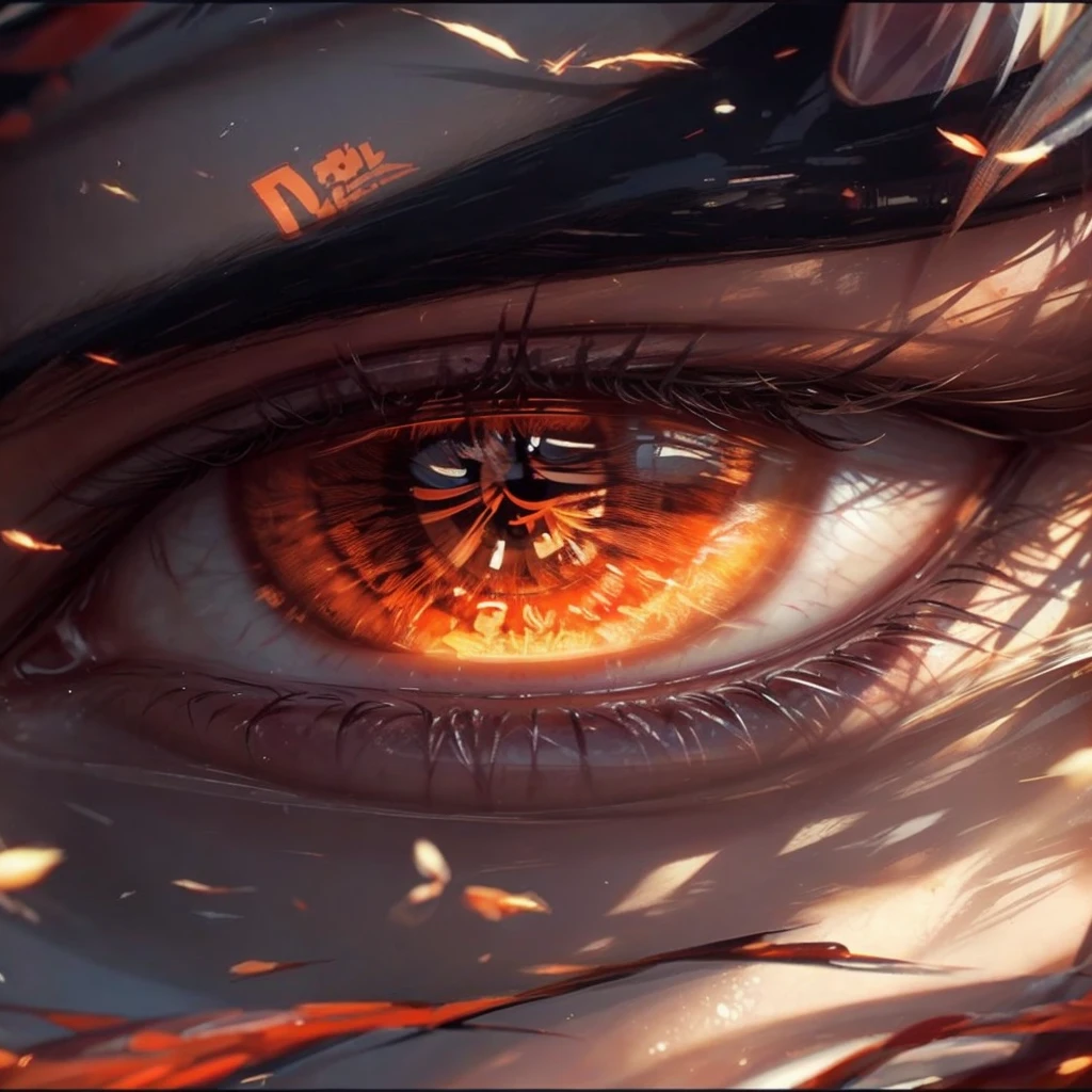 An orange eye with Japanese symbols on it and a focus only on the eye 8k