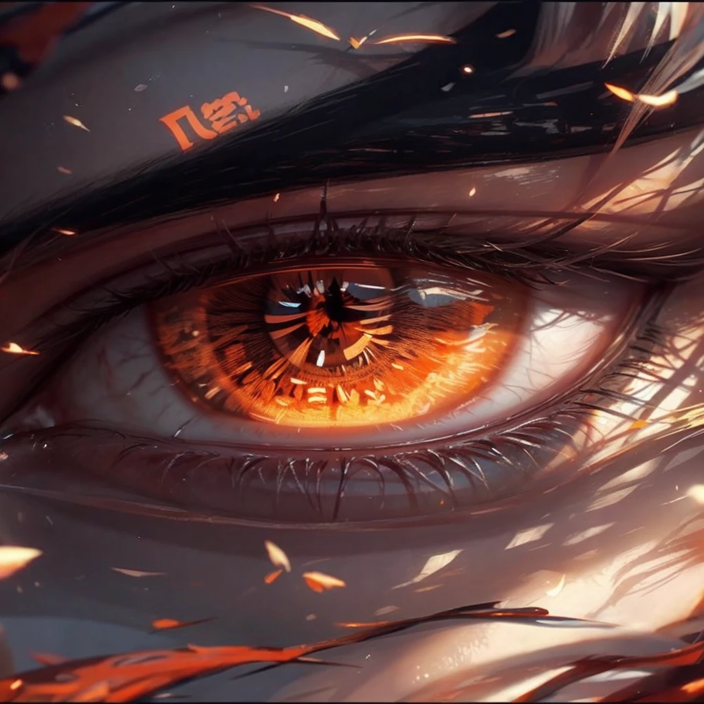 An orange eye with Japanese symbols on it and a focus only on the eye 8k